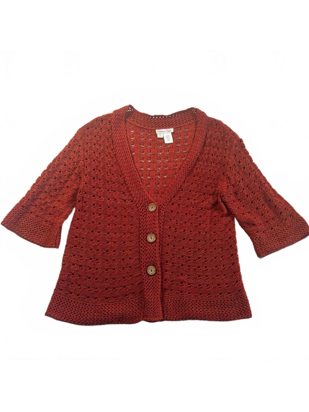 Coldwater Creek Cardigan Medium M Terracotta Rust Open Knit Pointelle Button Top